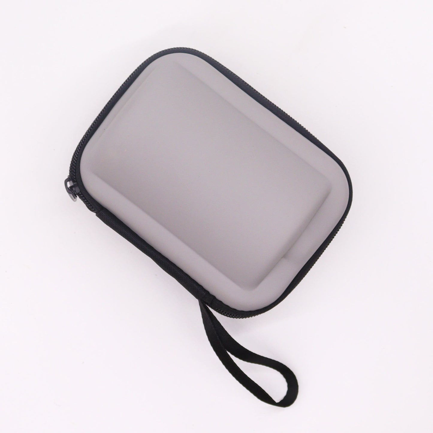 Gray protective case with a black strap on a white background