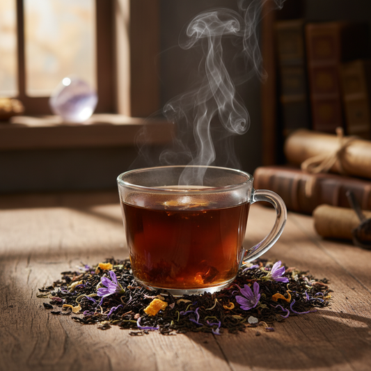 Steaming cup of tea on a wooden table with dried flowers and books in the background