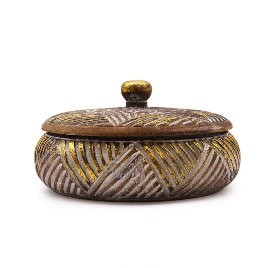 Front view of Gold & Natural Sweet Jar with closed lid