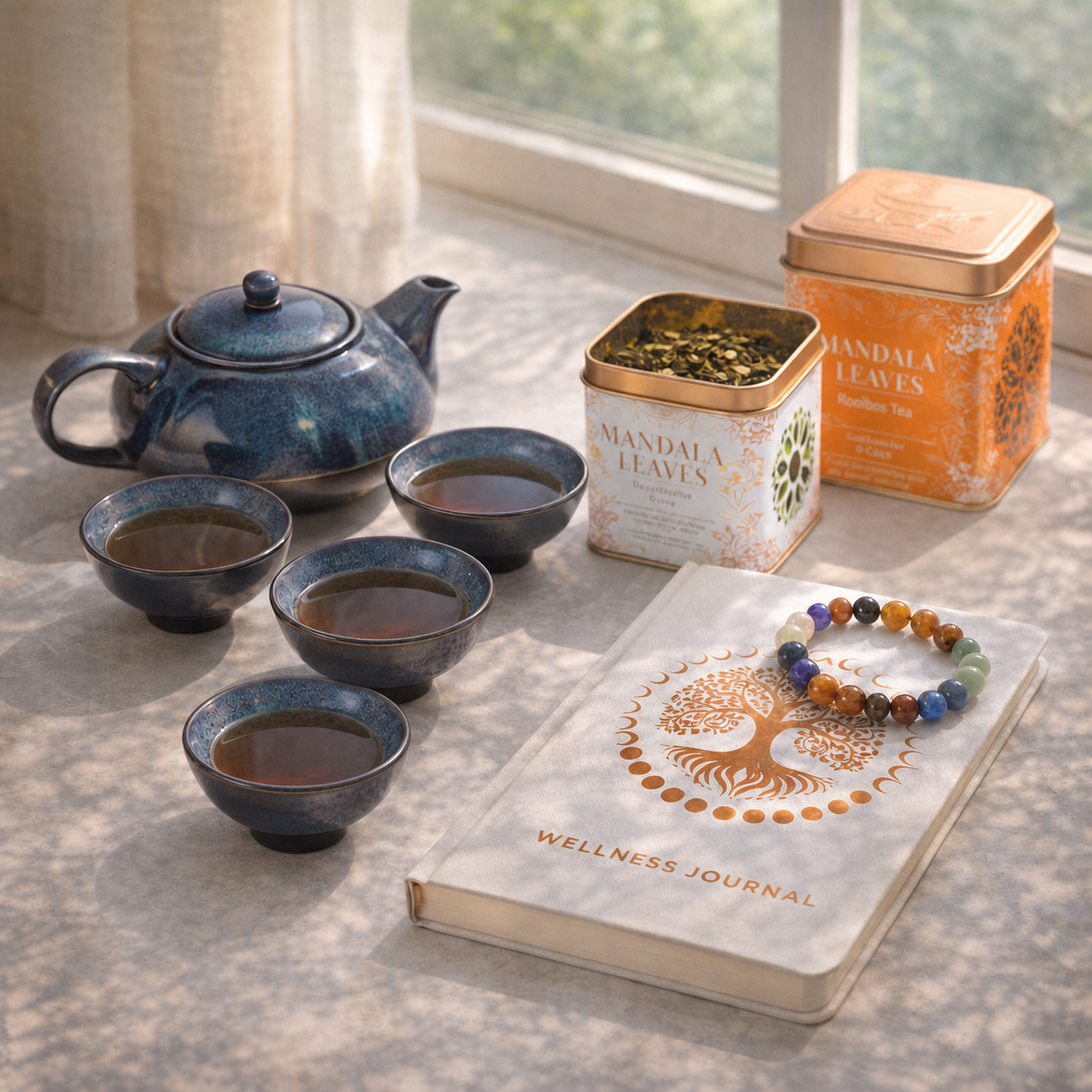Mindful Morning Tea Ritual Herbal Blues with teapot, four cups, two teas, journal and bracelet