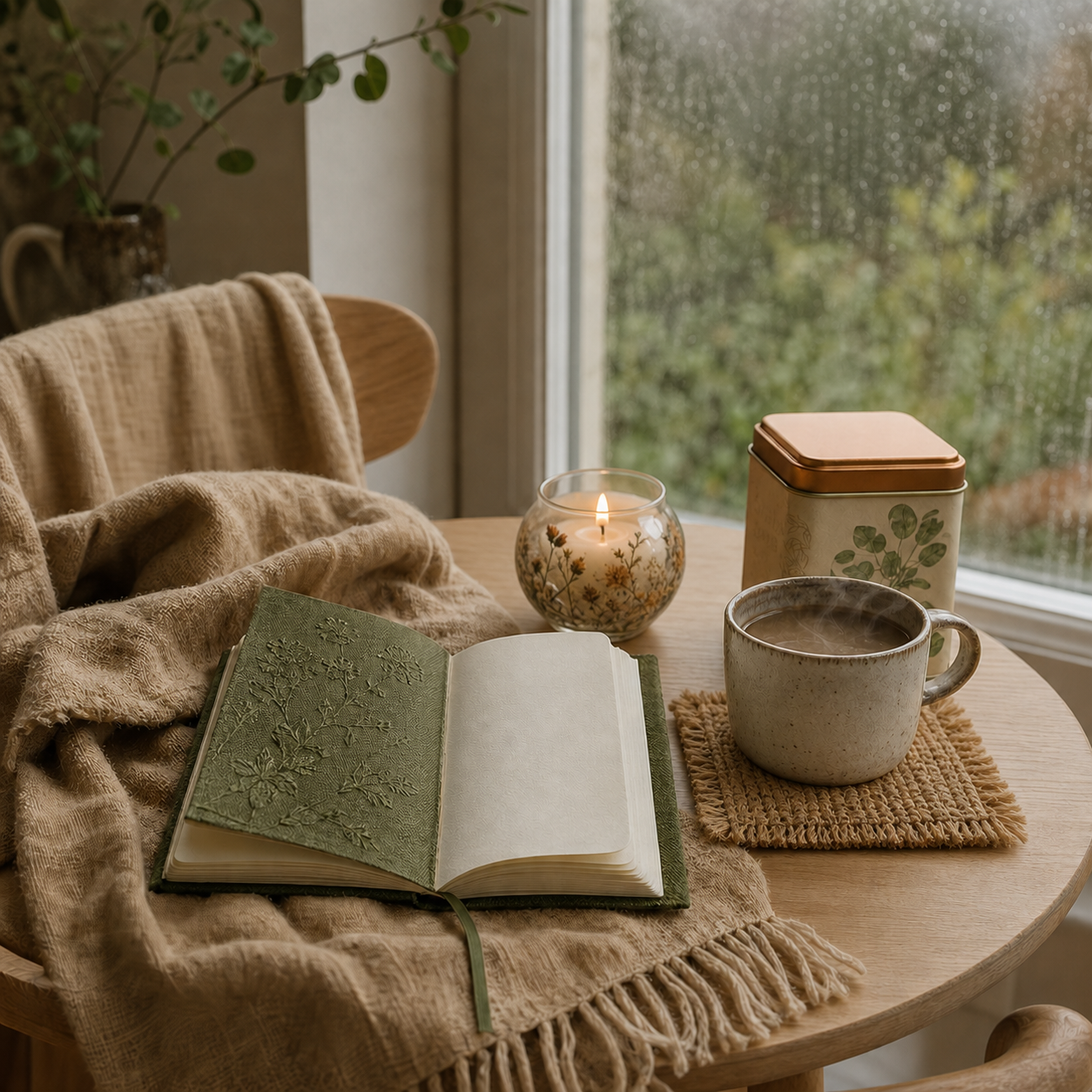 Rainy window journaling ritual with warm-sand throw, moss-green notebook, botanical candle, chai and square natural coaster