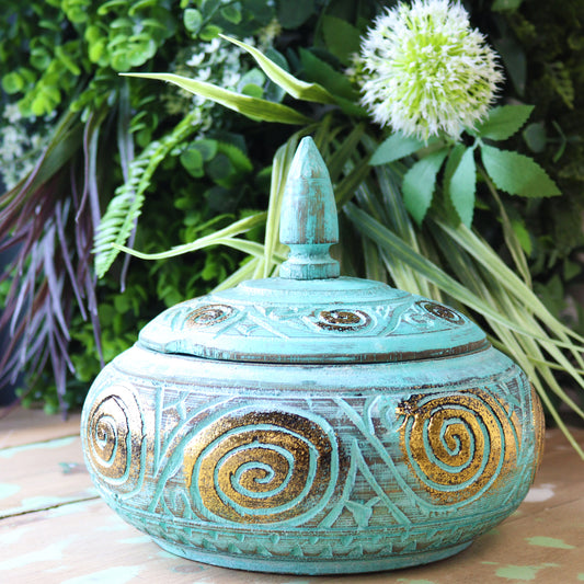 Jar styled in home with natural light and leafy background