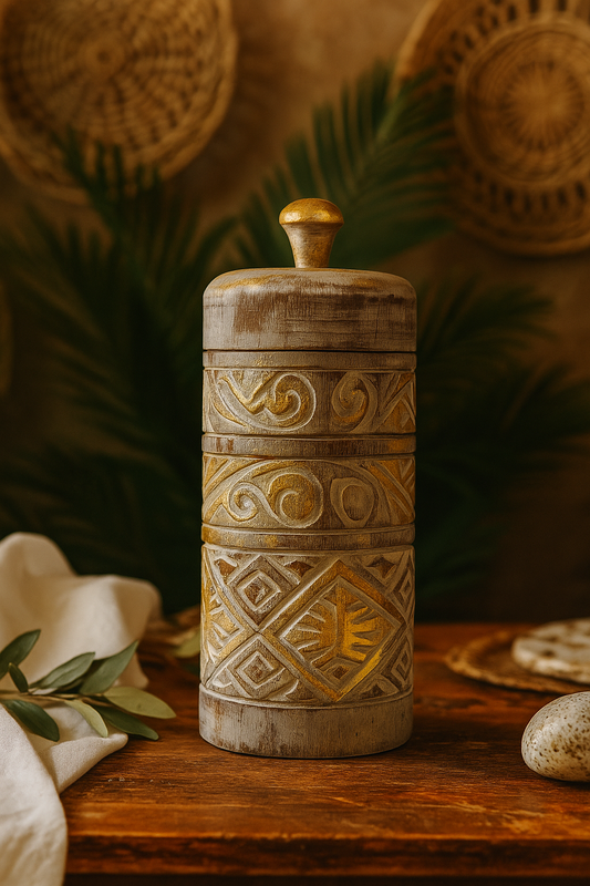 Wooden jar in a boho-style home setting with soft lighting
