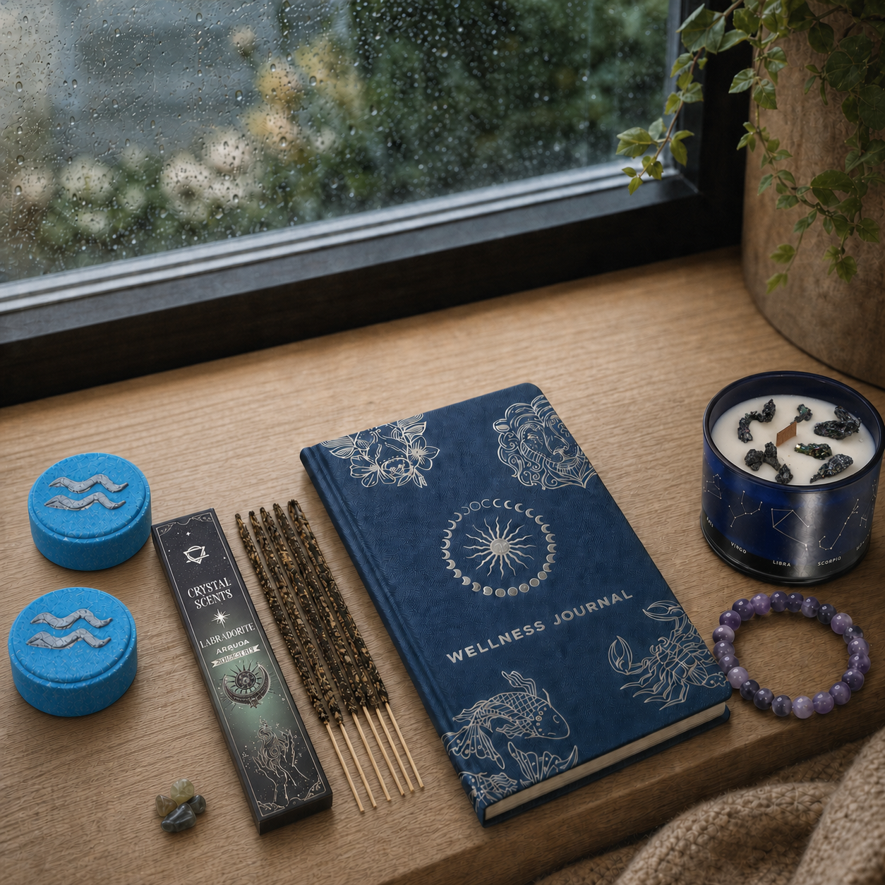 Written in the Stars Aquarius ritual with crystal candle, two bath fizzers, zodiac journal, bracelet and crystal incense