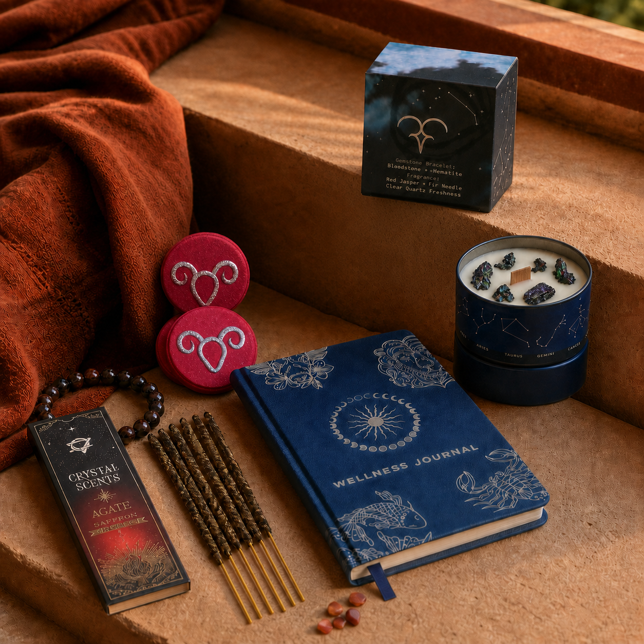 Written in the Stars Aries ritual with crystal candle, two bath fizzers, zodiac journal, bracelet and crystal incense