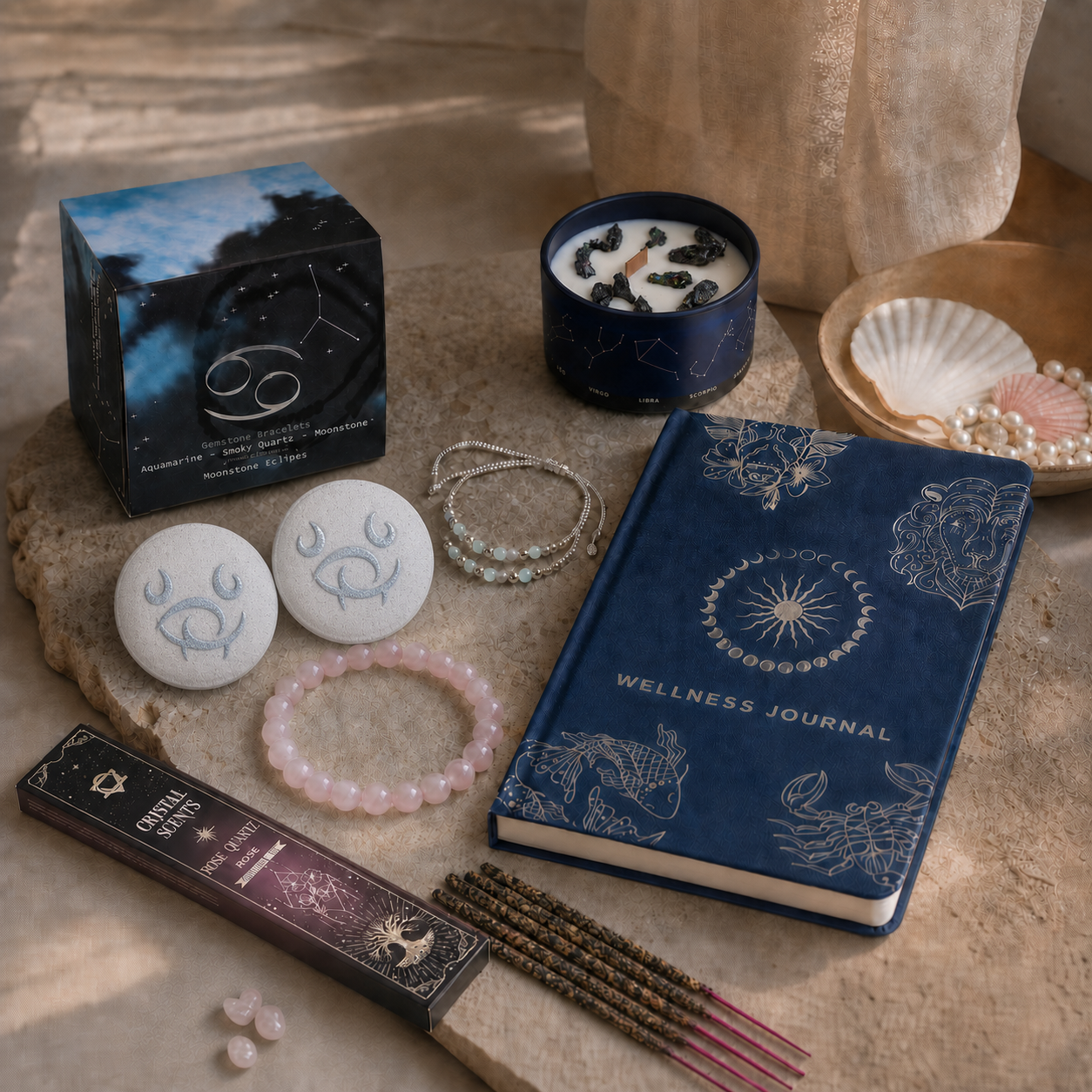 Written in the Stars Cancer ritual with crystal candle, two bath fizzers, zodiac journal, bracelet and crystal incense