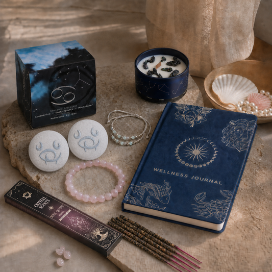 Written in the Stars Cancer ritual with crystal candle, two bath fizzers, zodiac journal, bracelet and crystal incense