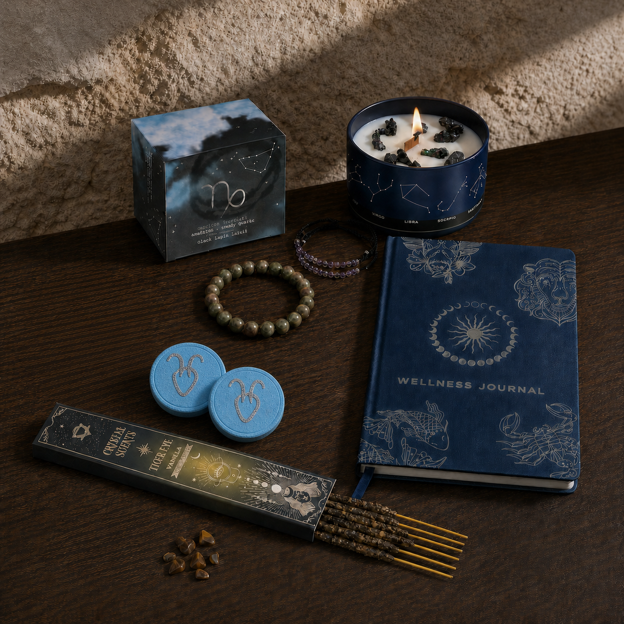Written in the Stars Capricorn ritual with crystal candle, two bath fizzers, zodiac journal, bracelet and crystal incense