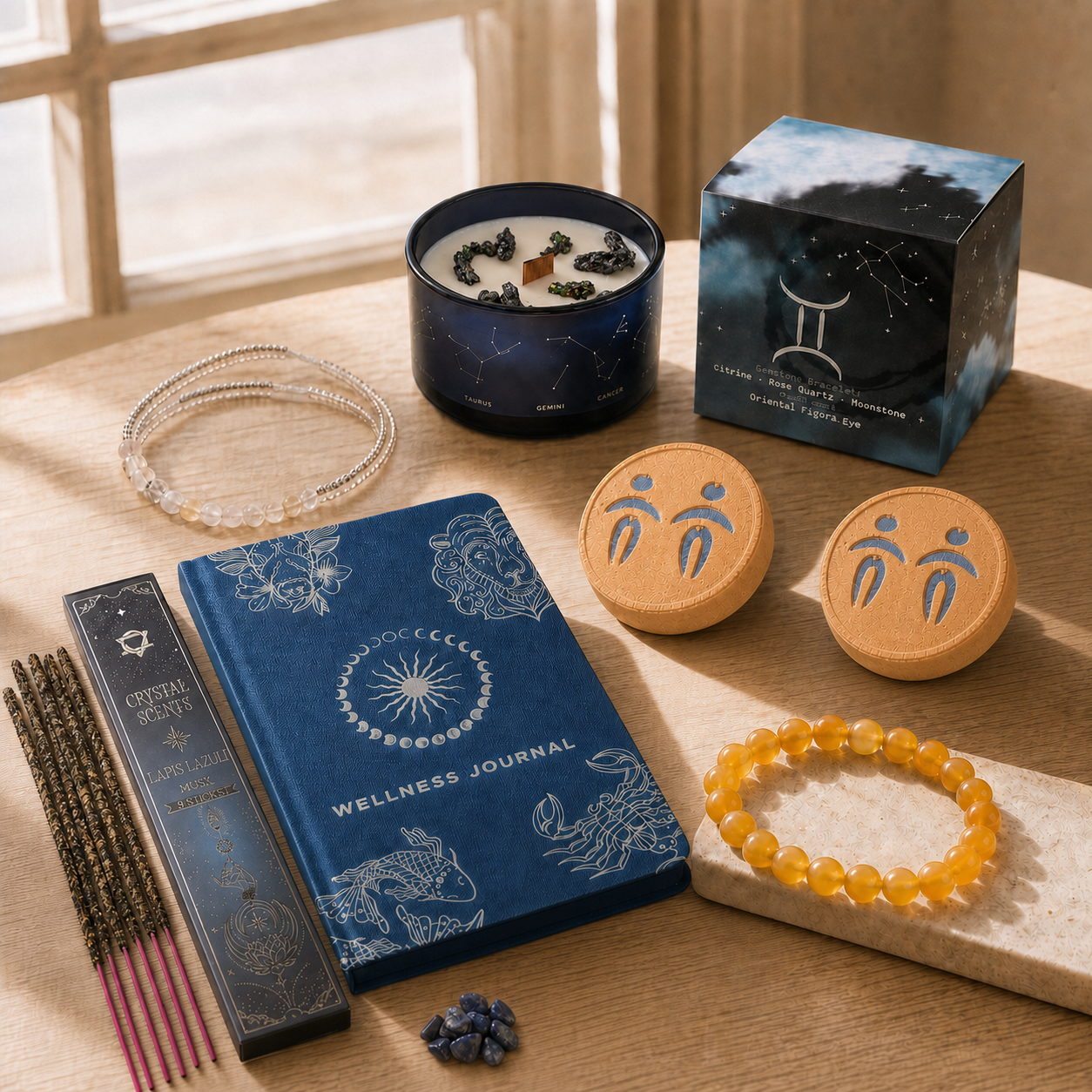 Written in the Stars Gemini ritual with crystal candle, two bath fizzers, zodiac journal, bracelet and crystal incense