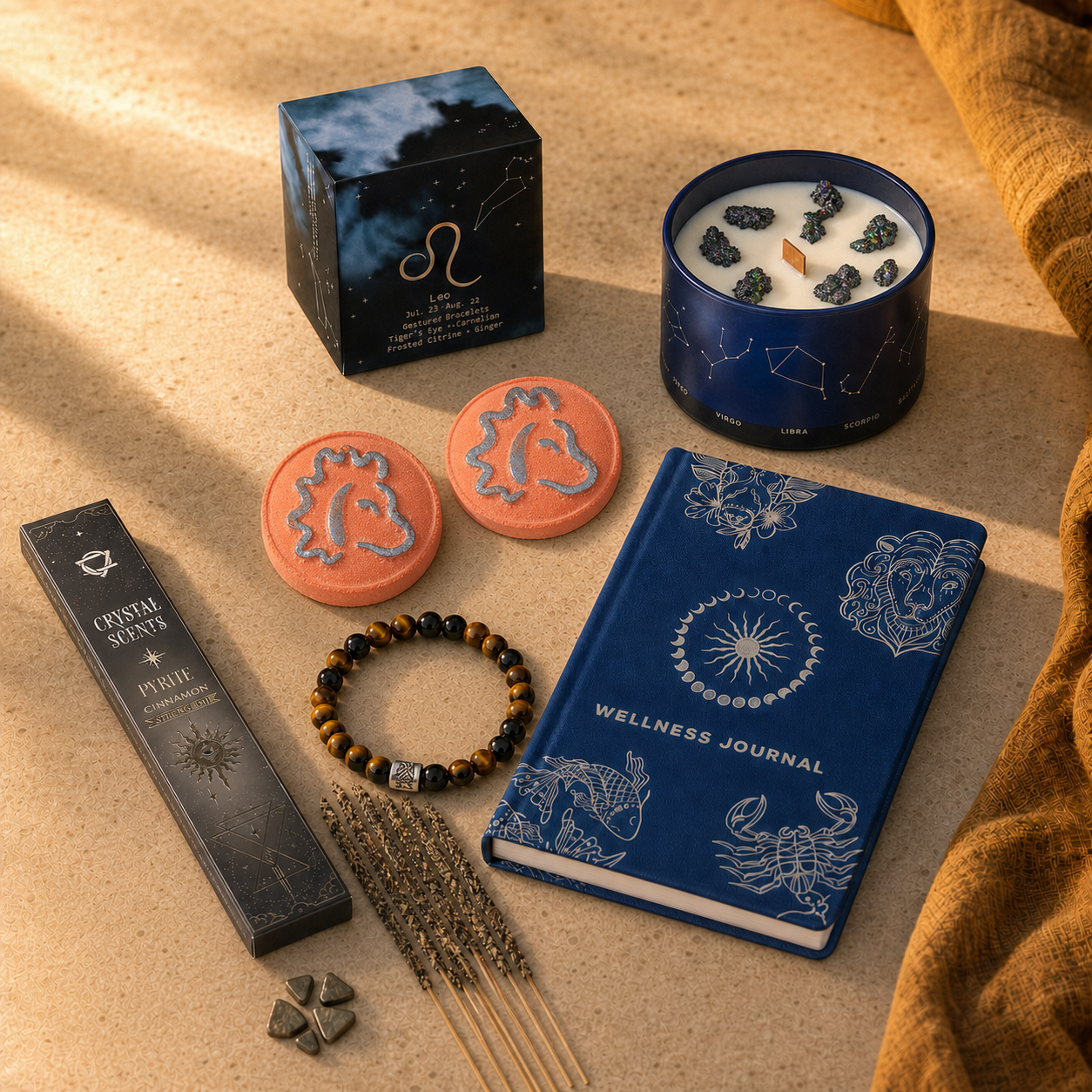 Written in the Stars Leo ritual with crystal candle, two bath fizzers, zodiac journal, bracelet and crystal incense