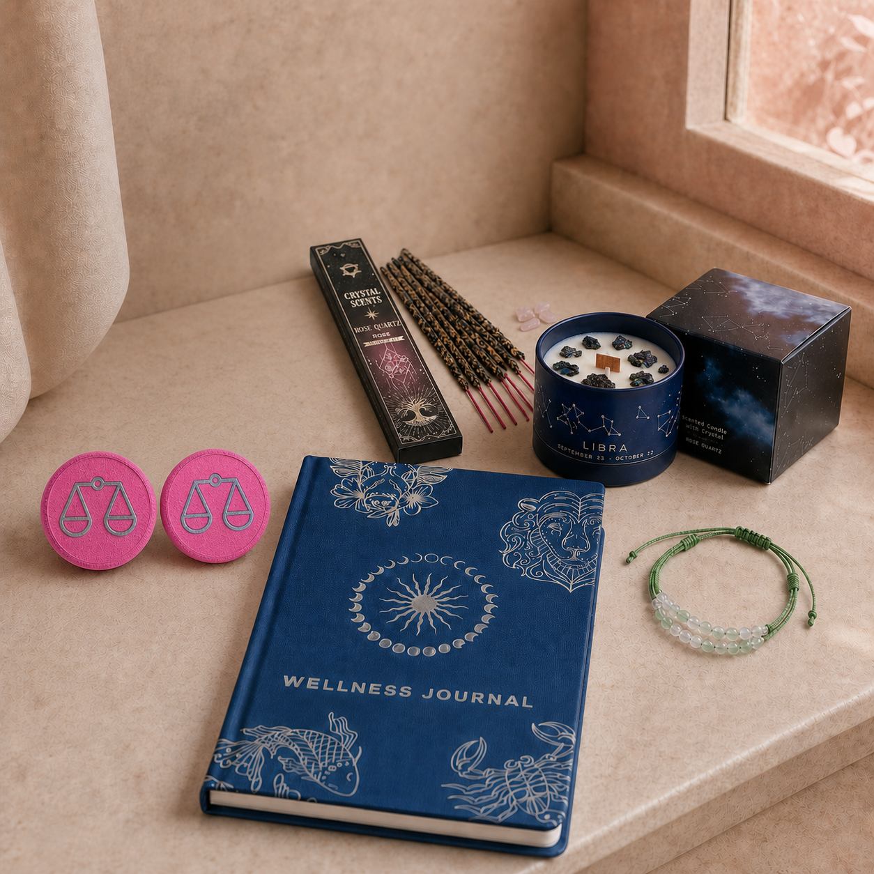 Written in the Stars Libra ritual with crystal candle, two bath fizzers, zodiac journal, bracelet and crystal incense