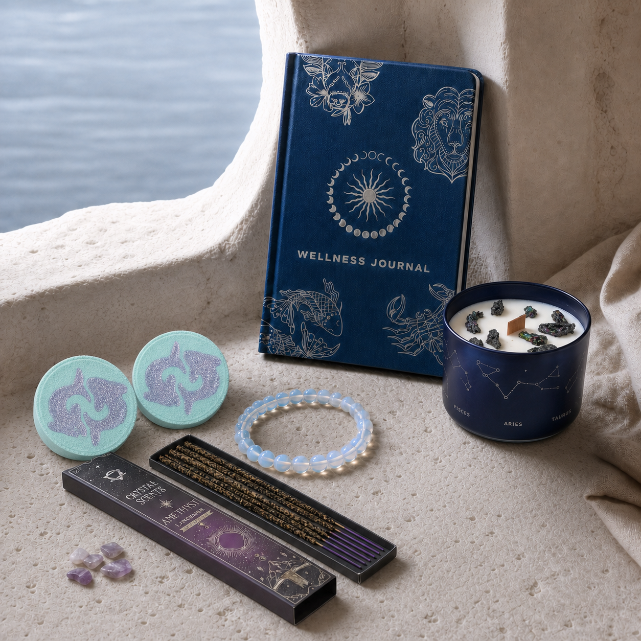 Written in the Stars Pisces ritual with crystal candle, two bath fizzers, zodiac journal, bracelet and crystal incense