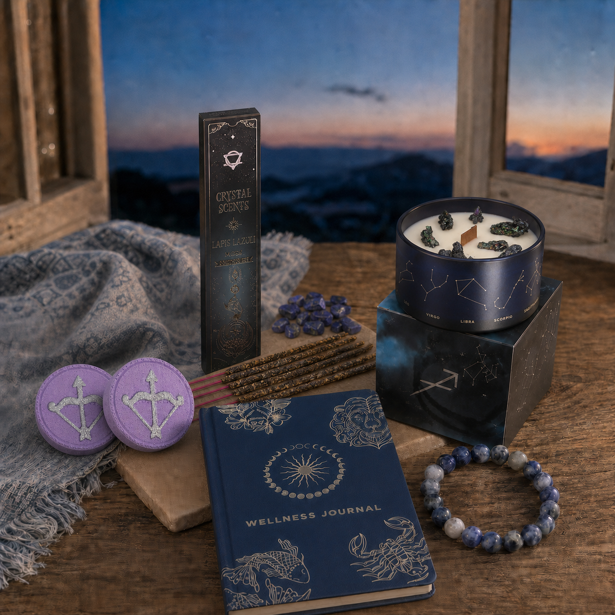 Written in the Stars Sagittarius ritual with crystal candle, two bath fizzers, zodiac journal, bracelet and crystal incense