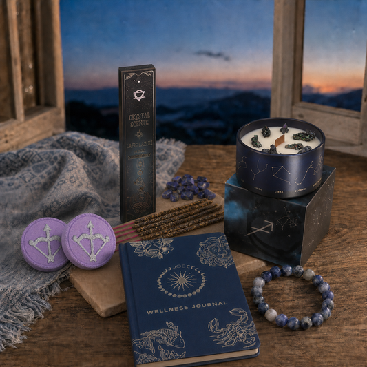 Written in the Stars Sagittarius ritual with crystal candle, two bath fizzers, zodiac journal, bracelet and crystal incense