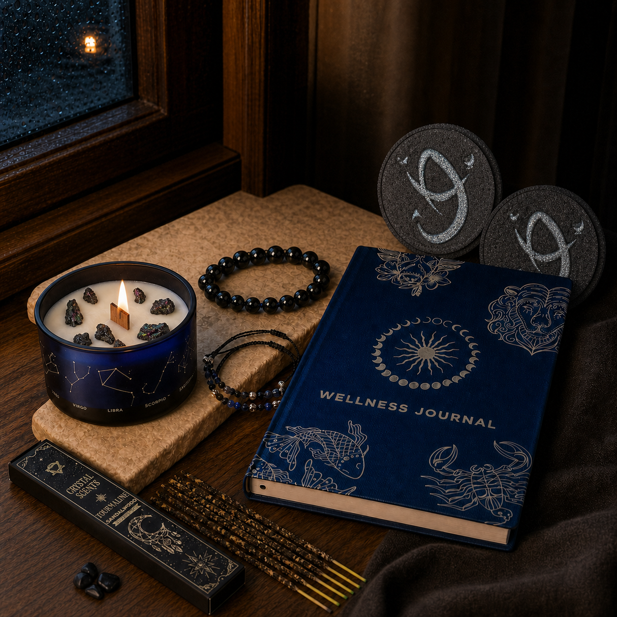 Written in the Stars Scorpio ritual with crystal candle, two bath fizzers, zodiac journal, bracelet and crystal incense