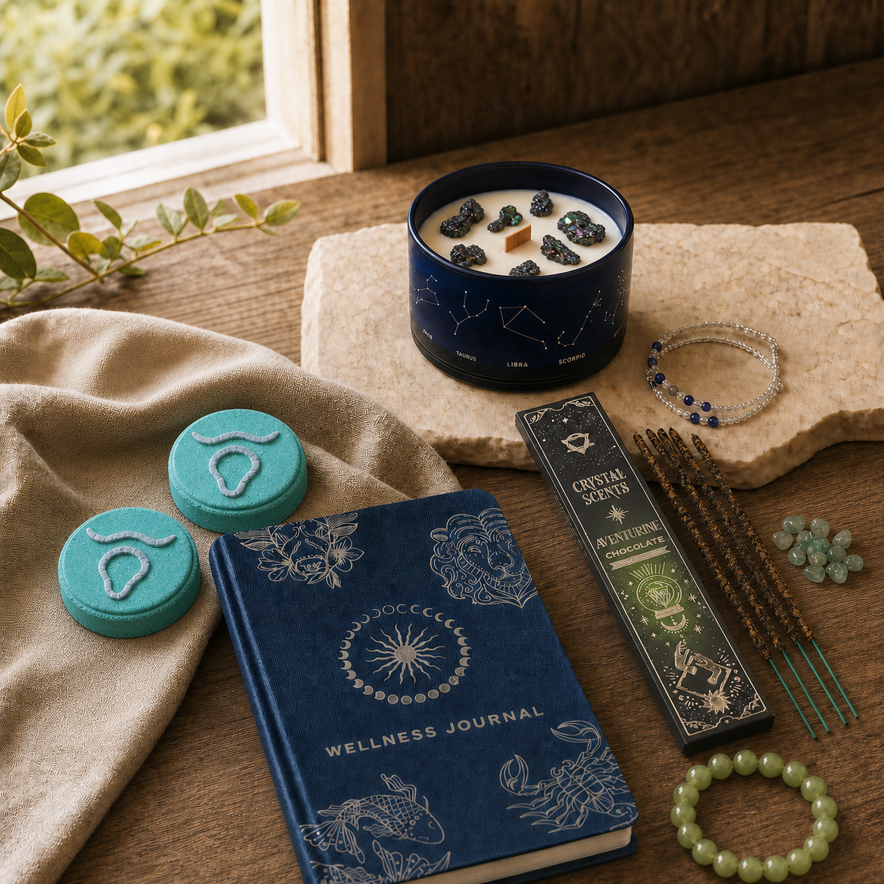Written in the Stars Taurus ritual with crystal candle, two bath fizzers, zodiac journal, bracelet and crystal incense