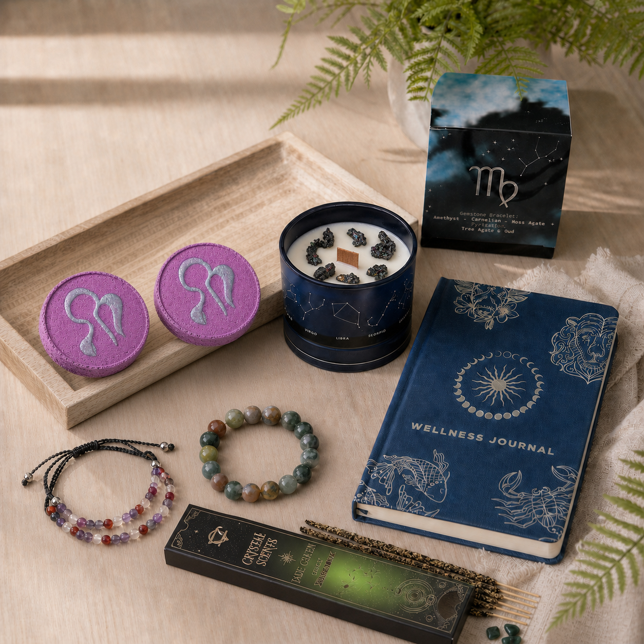 Written in the Stars Virgo ritual with crystal candle, two bath fizzers, zodiac journal, bracelet and crystal incense