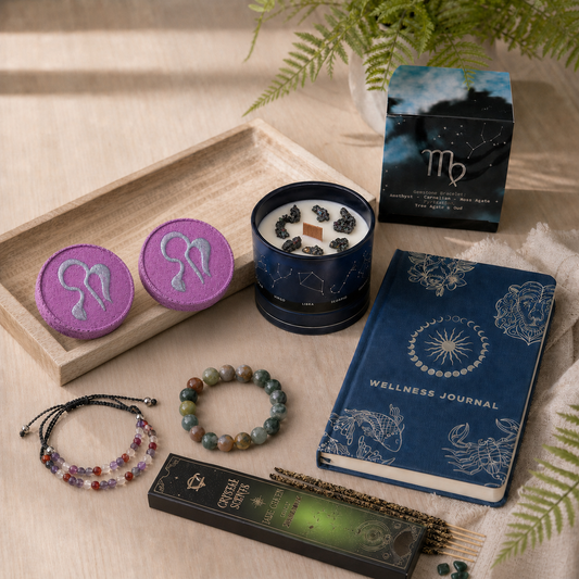 Written in the Stars Virgo ritual with crystal candle, two bath fizzers, zodiac journal, bracelet and crystal incense
